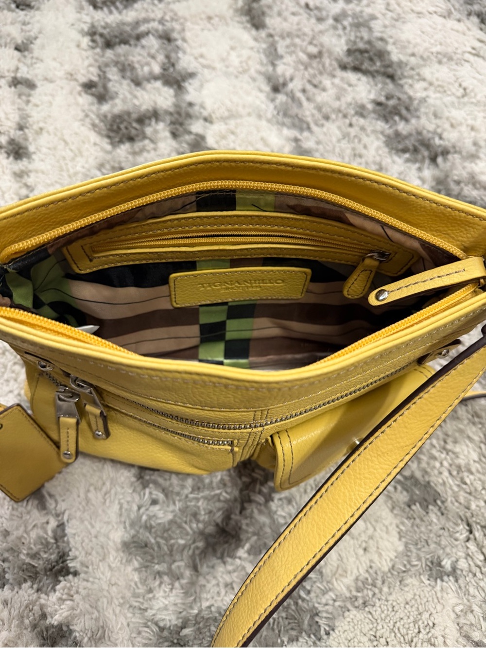 Tignanello Yellow Pebbled Leather Crossbody Bag Multi Pocket Zip - Picture 8 of 13